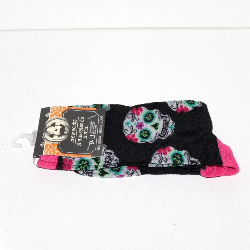 1 pair Socks Día De Los Muertos black pink size 9 - 11 Skull Halloween unisex